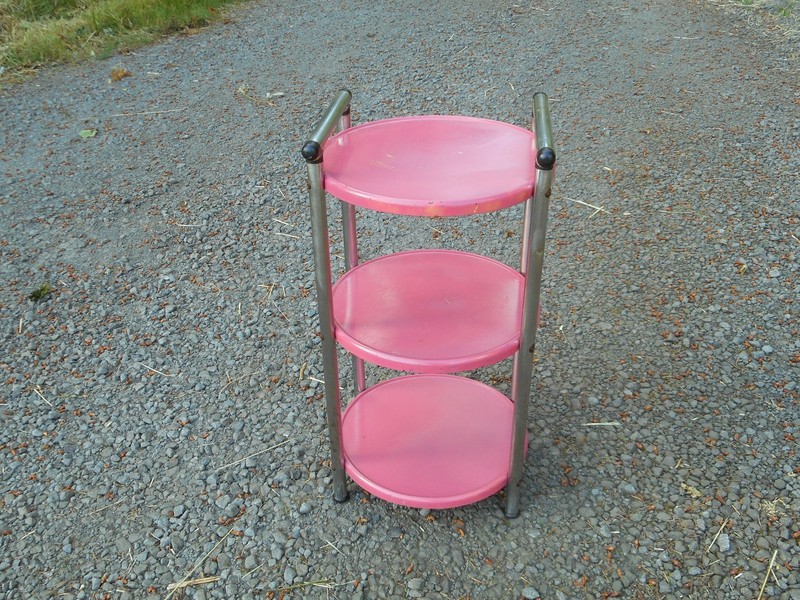 Mid Century Modern Pink & Chrome Serving Bar Cart Trolley 3 Tier Round Trays gallery