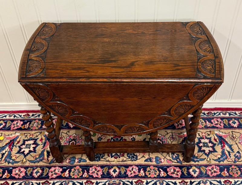 Antique English Table Drop Leaf Gateleg CARVED TOP Barley Twist Oak c. 1920-30s gallery