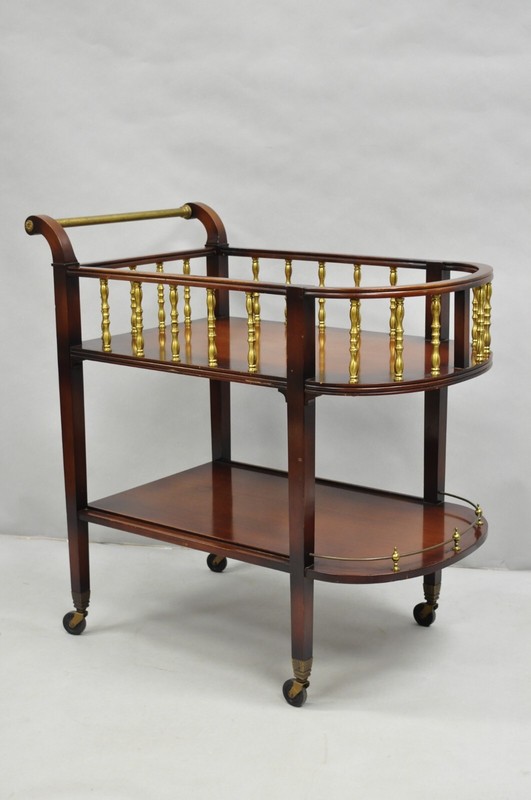 Vintage French Regency Mahogany 2 Tier Brass Gallery Rolling Bar Cart Server gallery
