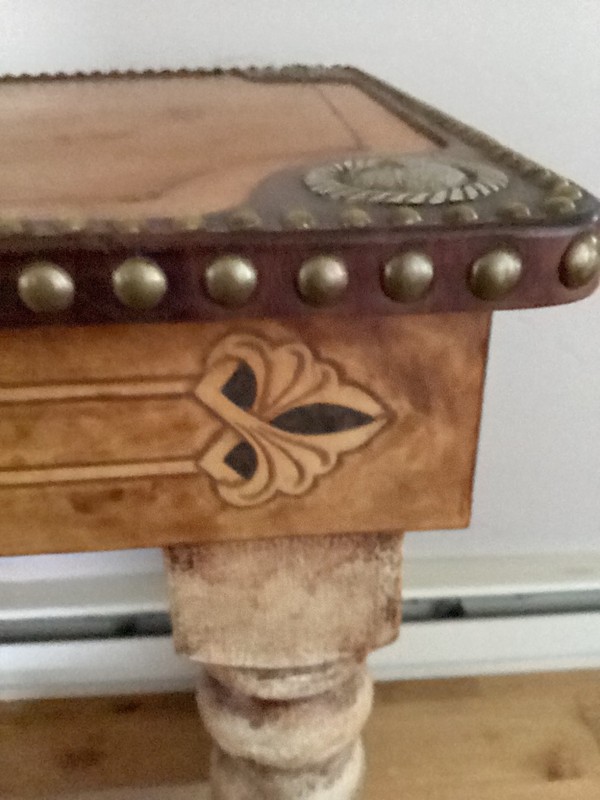 Buck Flynn Hand Painted Indian Scene Hand Stretched Leather Parlor 72” Table gallery