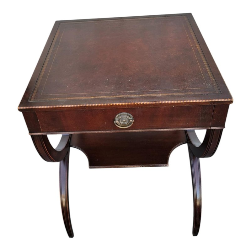 Antique Regency Mahogany Table Inlaid Leather Top 1 Drawer Stenciled Detail gallery