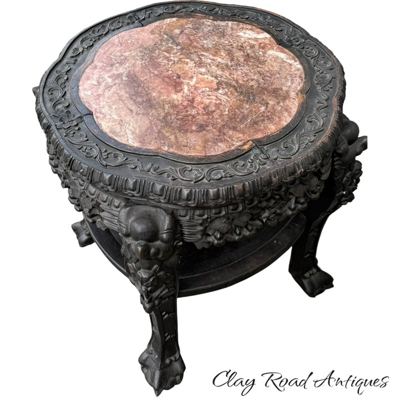 Antique Chinese rosewood & rose marble top plant stand table Victorian gallery