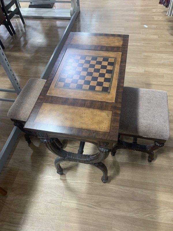 Powell Maple very ornate carver chest & backgammon 3 set table