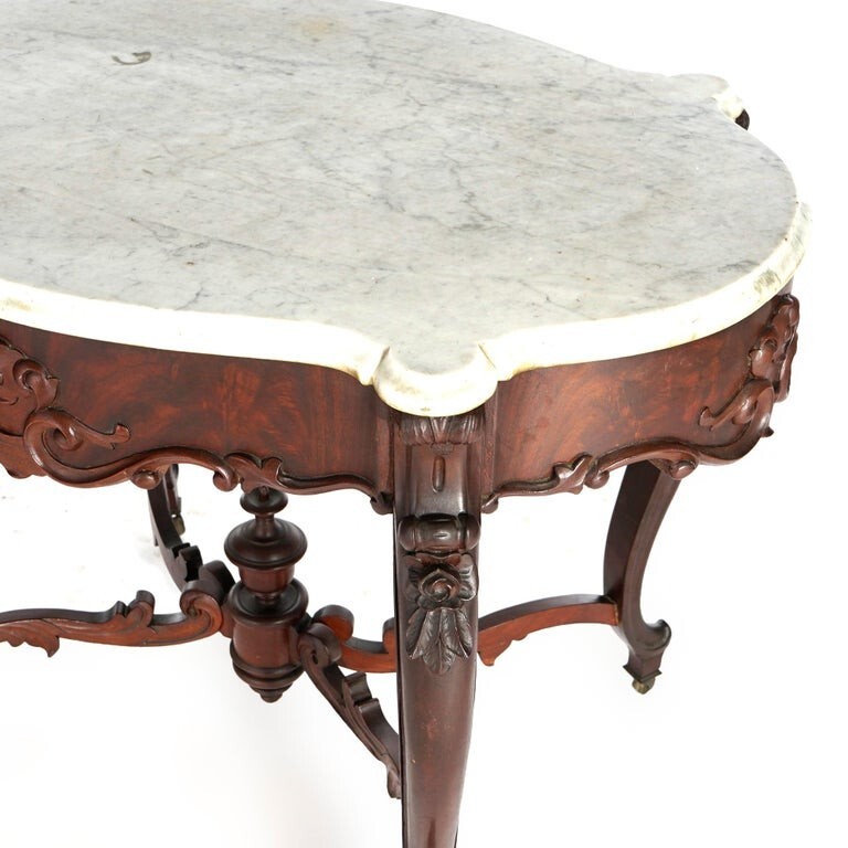 Antique Rococo Flame Mahogany & Marble Turtle Top Parlor Table Circa 1880 gallery