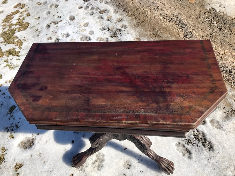 19TH C CLASSICAL FEDERAL ANTIQUE GAME / CARD TABLE CONSOLE ~ Folding gallery