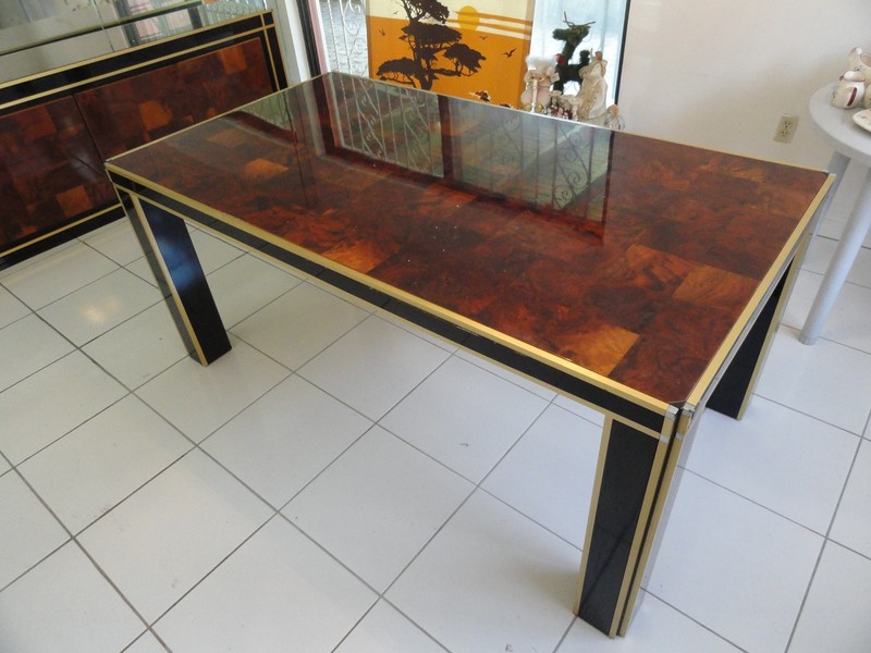 EXTRAVAGANT CHIC 70s BRASS & CHROME WILLY RIZZO OLIVE WOOD BURL DINING TABLE gallery
