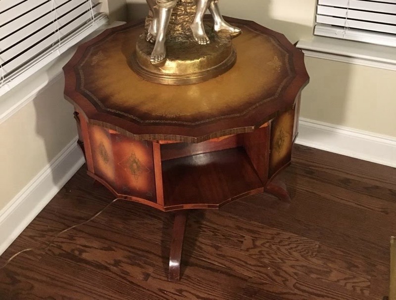 Regency Style Mahogany Rotating Drum Tooled Leather Table With Drawers