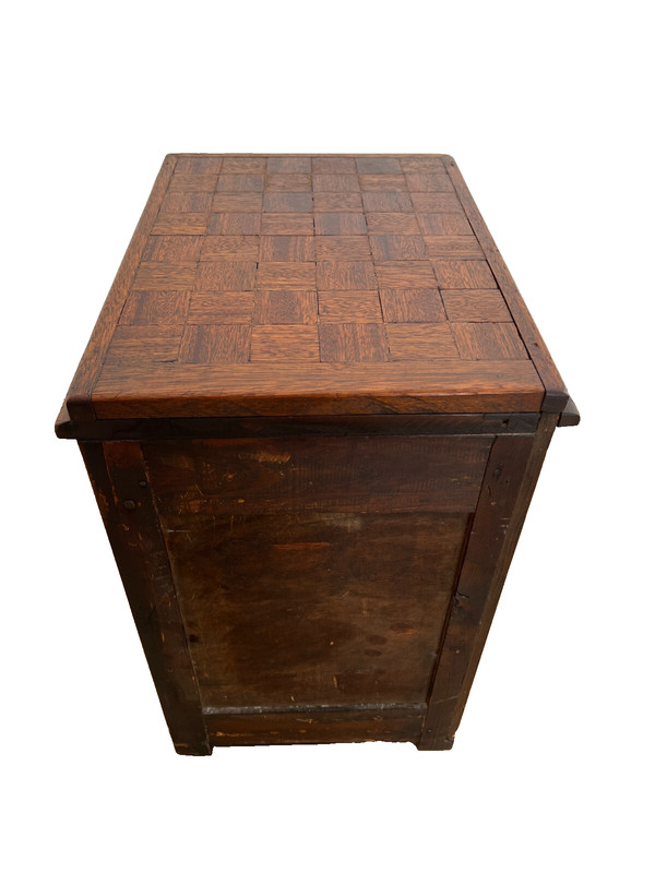Antique Side Table, Nightstand, Three Drawers, Parquet Style Top, Walnut gallery