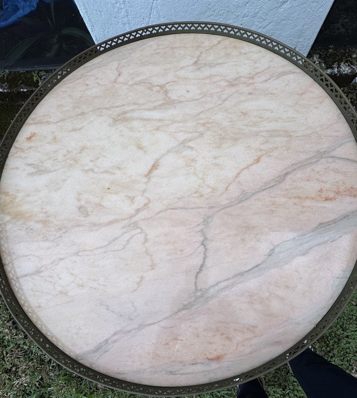 Revival Style Louis XVI Round Table Pink Marble Top Brass Heart Gallery/Cap Feet gallery