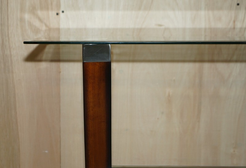 CONTEMPORARY DESIGNER CHROME TIPPED BEECH & GLASS X FRAMED CONSOLE TABLE gallery