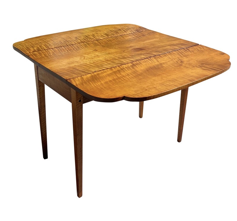 ANTIQUE FEDERAL PERIOD HEPPLEWHITE TIGER MAPLE DROP LEAF TABLE WITH OVOLO TOP gallery