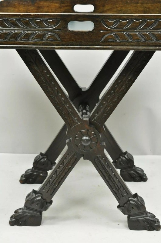 Antique Italian Renaissance Carved Walnut Bar Folding Tray Table w Lion Paw Feet gallery