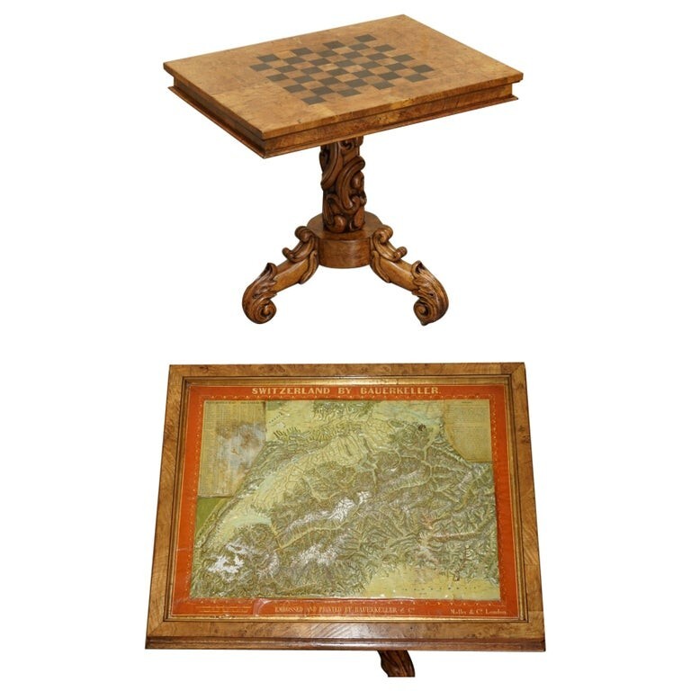 CIRCA 1850 MALBY & CO MAP OF SWITZERLAND BY BAUERKELLER BURR WALNUT CHESS TABLE