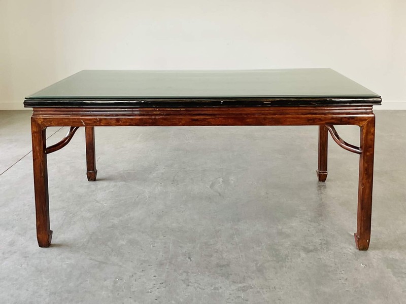Antique Wood Dinning Table With Beveled Glass Tabletop
