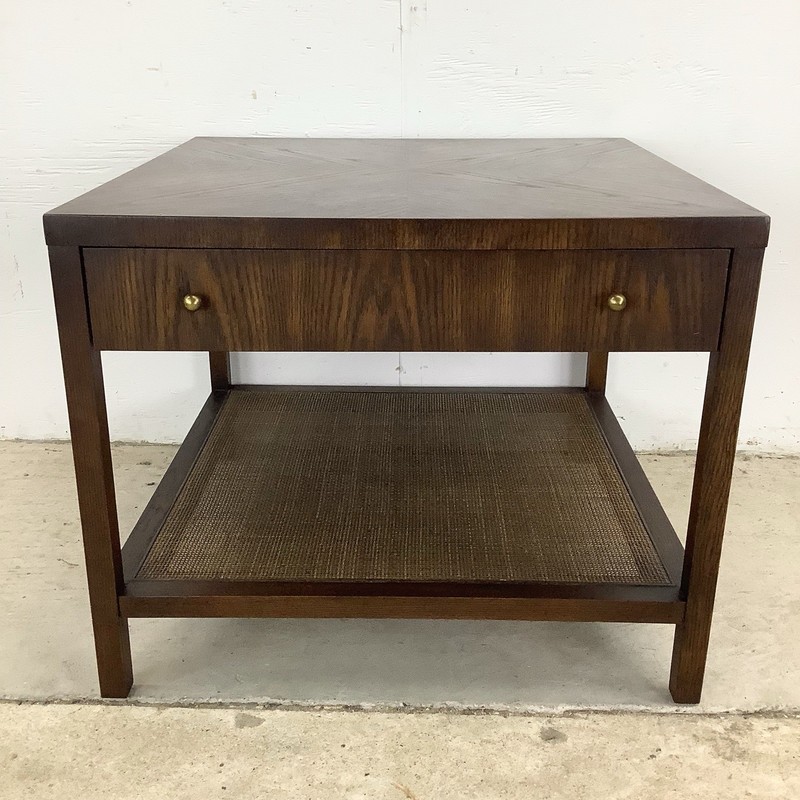 Mid-Century End Table with Drawer and Woven Shelf gallery