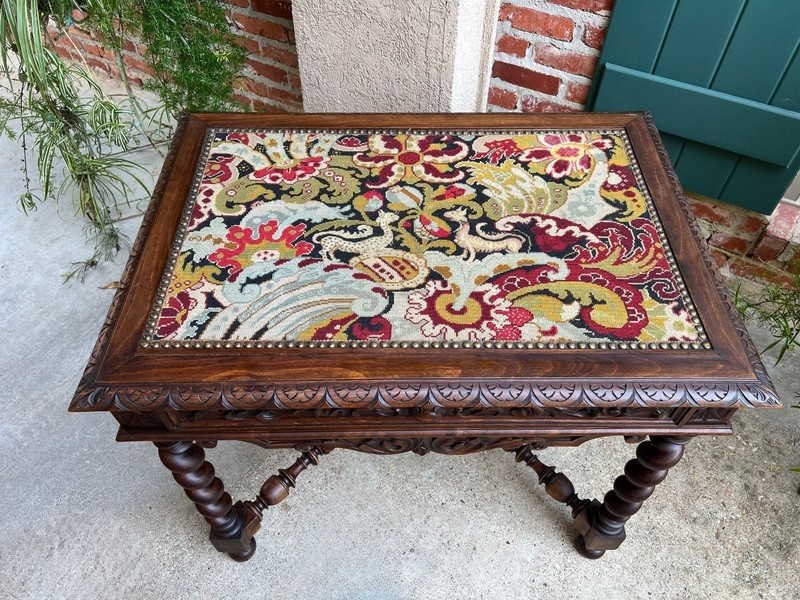 Antique French Sofa Table Writing Desk Barley Twist Carved Renaissance Tapestry gallery
