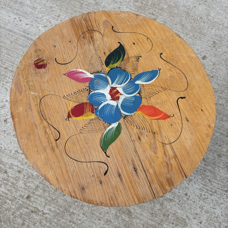 VTG Hand Painted Folding Wood Decorative Round 18" D Side Table Floral Folk Art gallery