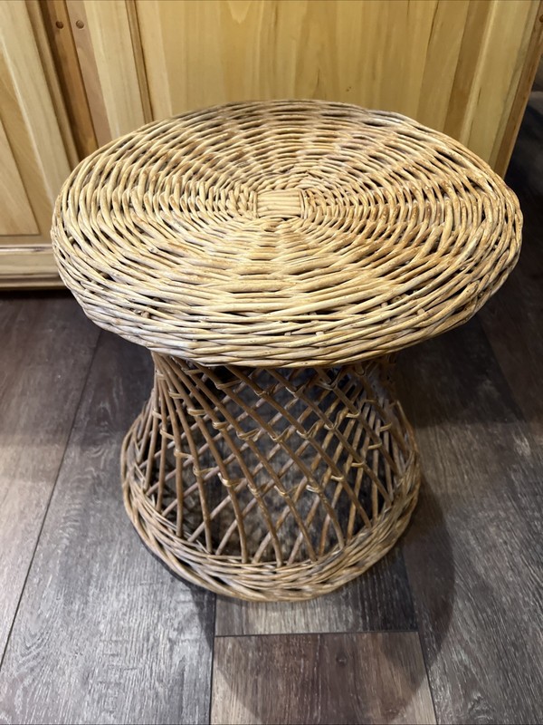 Vtg end table Plant Stand Ottoman Stool Cane Rattan Wicker Boho Mid Century side gallery