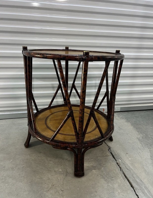 Maitland Smith Faux Bamboo Round Accent Table Leather Top 2-Tier gallery
