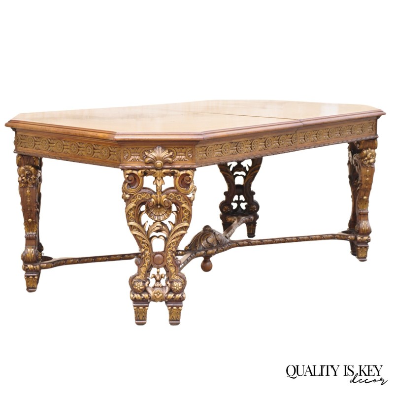 Antique French Baroque Rococo Revival Carved Walnut Dining Table w/ 2 Leaves