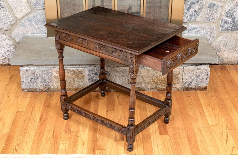 Antique Carved Oak Irish Single Drawer Work Table gallery