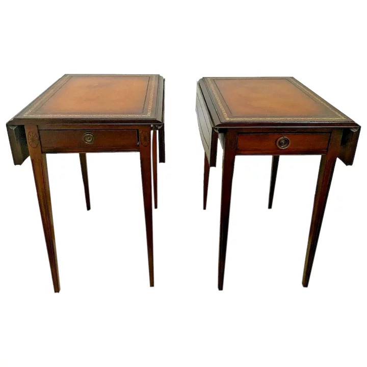 Vintage Pembroke Table set Tall expanding Nightstands embossed Leather Mahogany