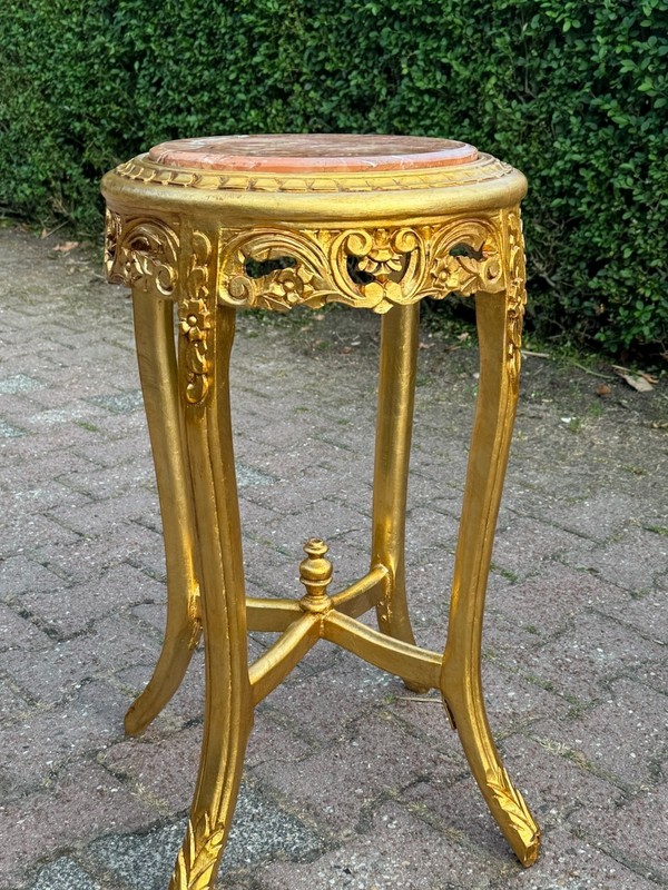 Side Tables Pair French Louis XVI Gold Gilt with Pink Marble Tops Vintage gallery