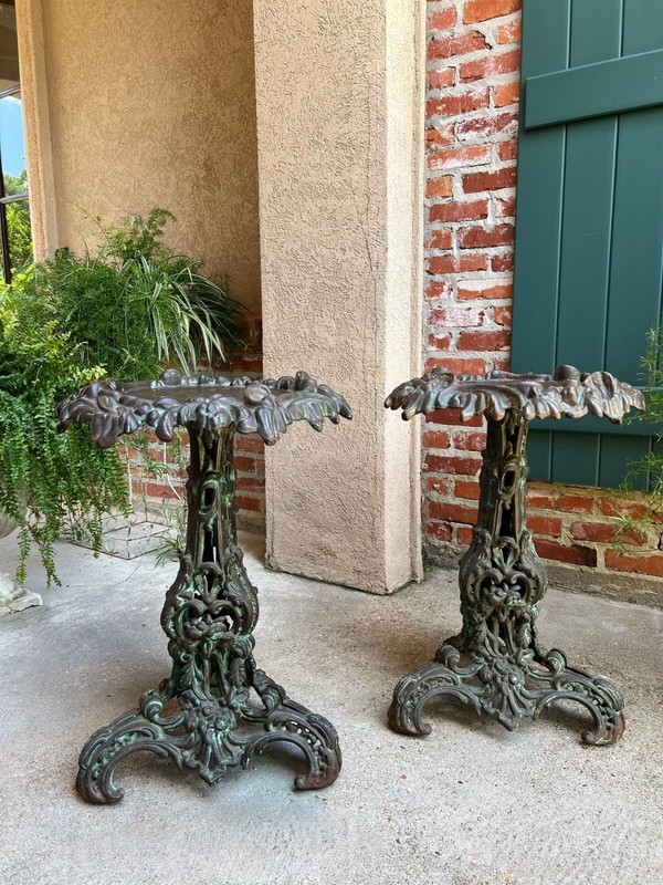 PAIR Antique French Round Side Table Grotto Rococo Cast Iron Plant Stand c1880 gallery