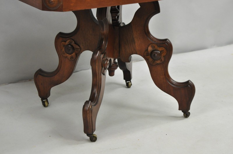 Antique Eastlake Victorian Small Marble Top Pedestal Base Coffee Table w/ Drawer gallery