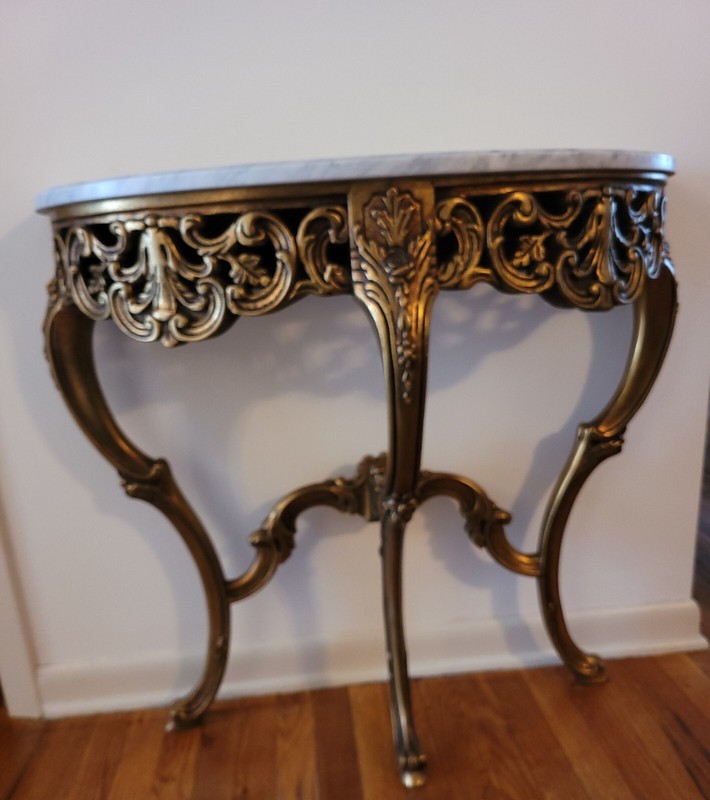 Antique Italian Console Table with Carrara Marble Top & Ornate Mirror, Wood gallery