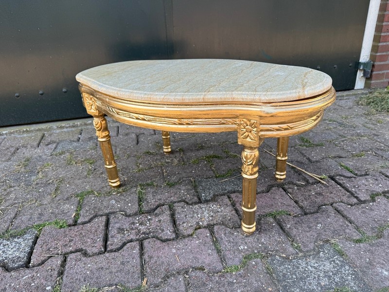Table French Louis XVI 1950 Gold Beech Marble Oval Coffee Side Accent Table gallery