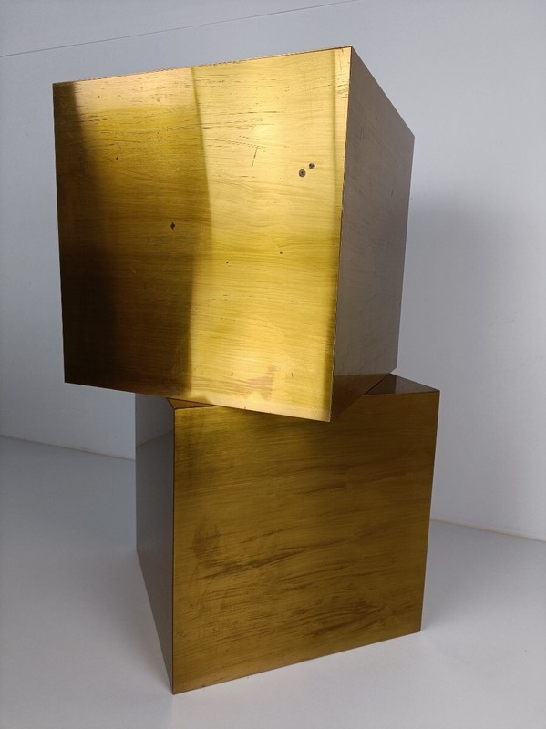 Pair Polished Brass Cubes Side Occasional Tables Germany Gold Colored Vintage gallery