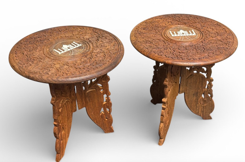 Vintage Hand Carved Indian Folding Side Tables Taj Mahal Inlay Wood Plant Stands