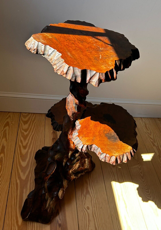 Vtg Large 34" H MCM Japanese Tree Root 3 Tier Hand Carved Wood Side Table/Stand gallery