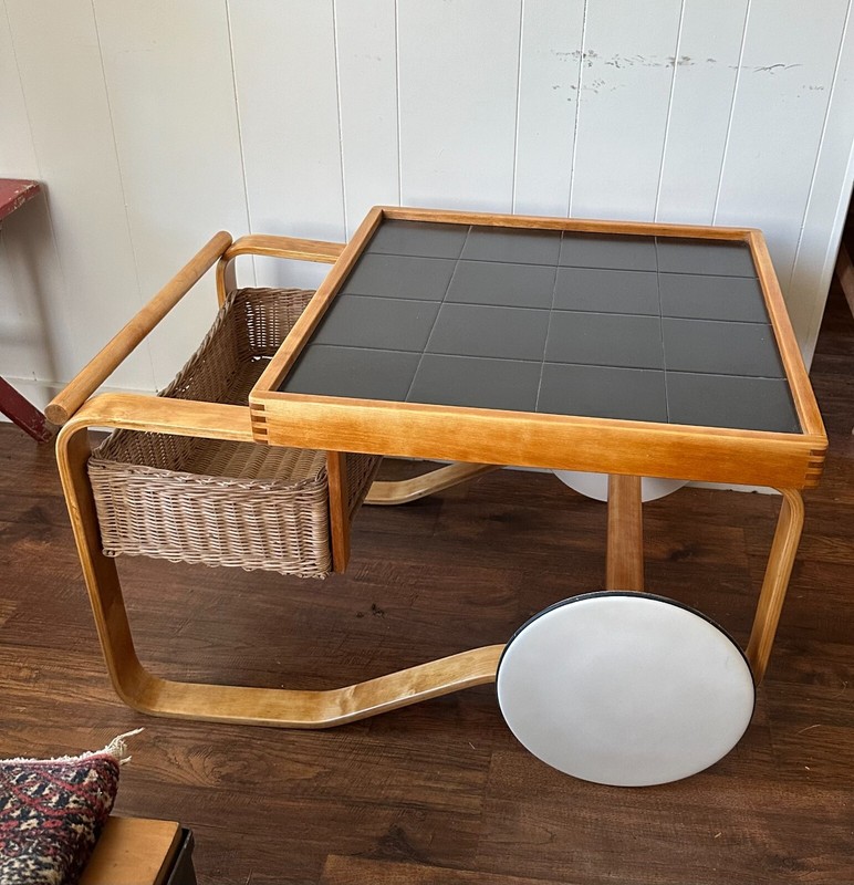 Alvar Aalto Tea Trolley, Artek Tea Cart 900 in Birch with black tile and Rattan