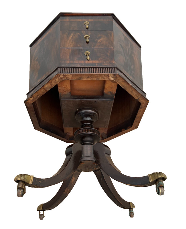 Antique Victorian Table Three Drawers Banded Mahogany Octagon Casters gallery