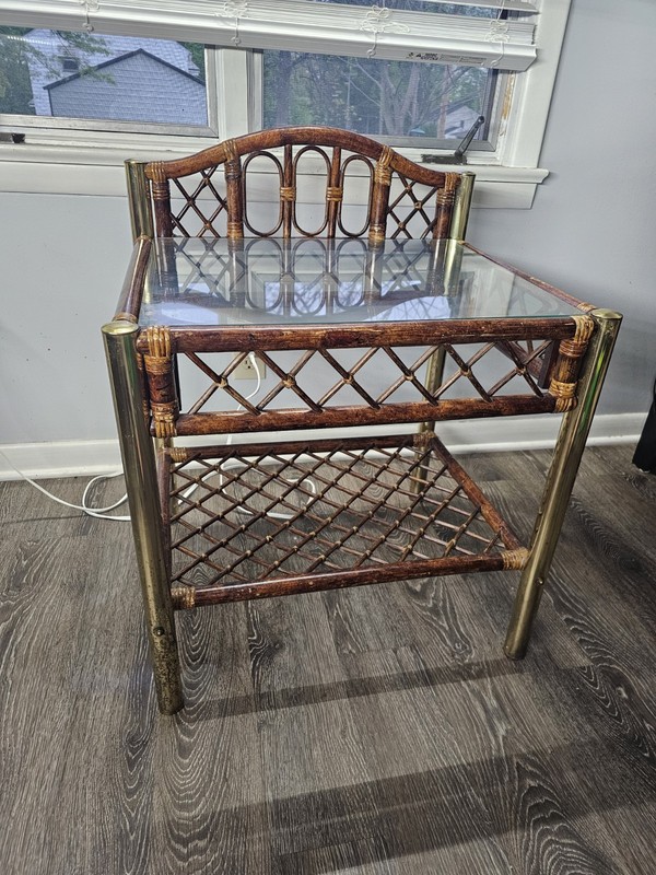 Vintage Bohemian Cane Wood Rattan Bamboo Side Table Brass Legs Glass Top W/ Back gallery