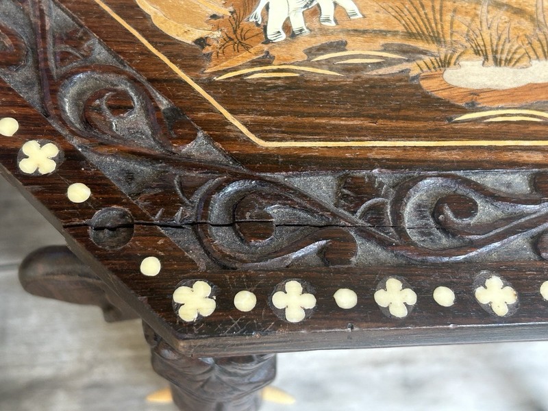 VTG Elephant Legged Anglo Indian Rosewood Side Table Hand Carved with Inlay 12" gallery