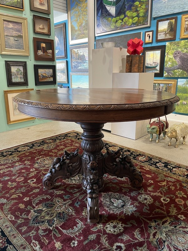 Antique Victorian Renaissance Griffin Motif Hardwood Expandable Dining Table