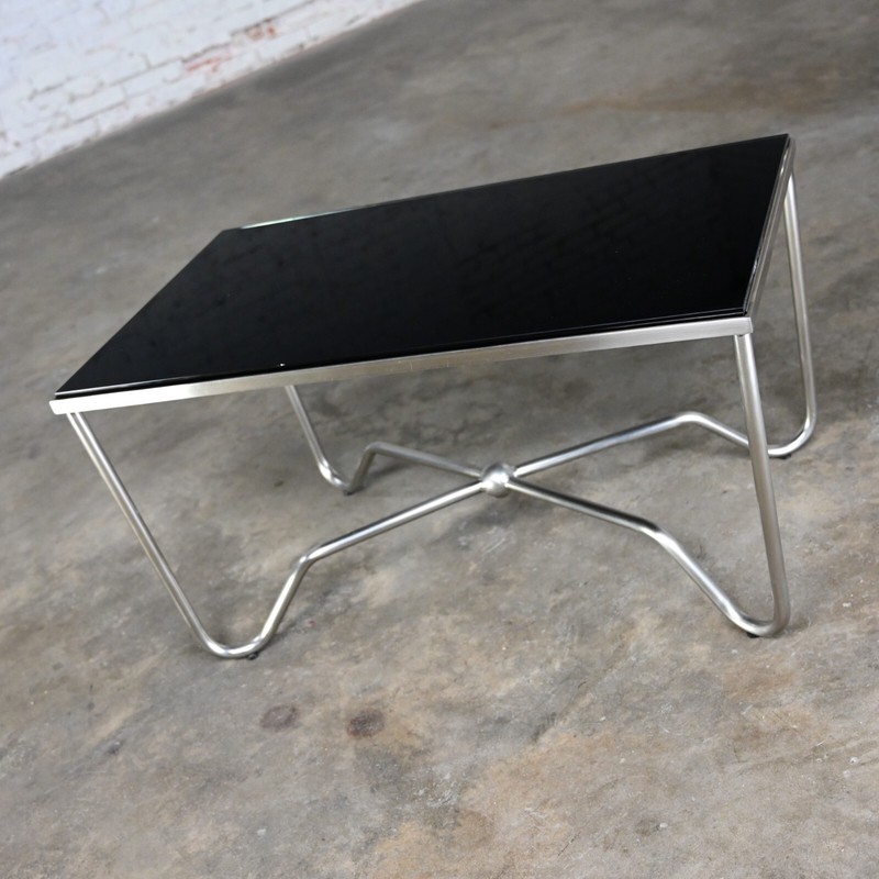 Late 20th Century Modern Brushed Steel Tube Coffee Table with Removeable Black G gallery