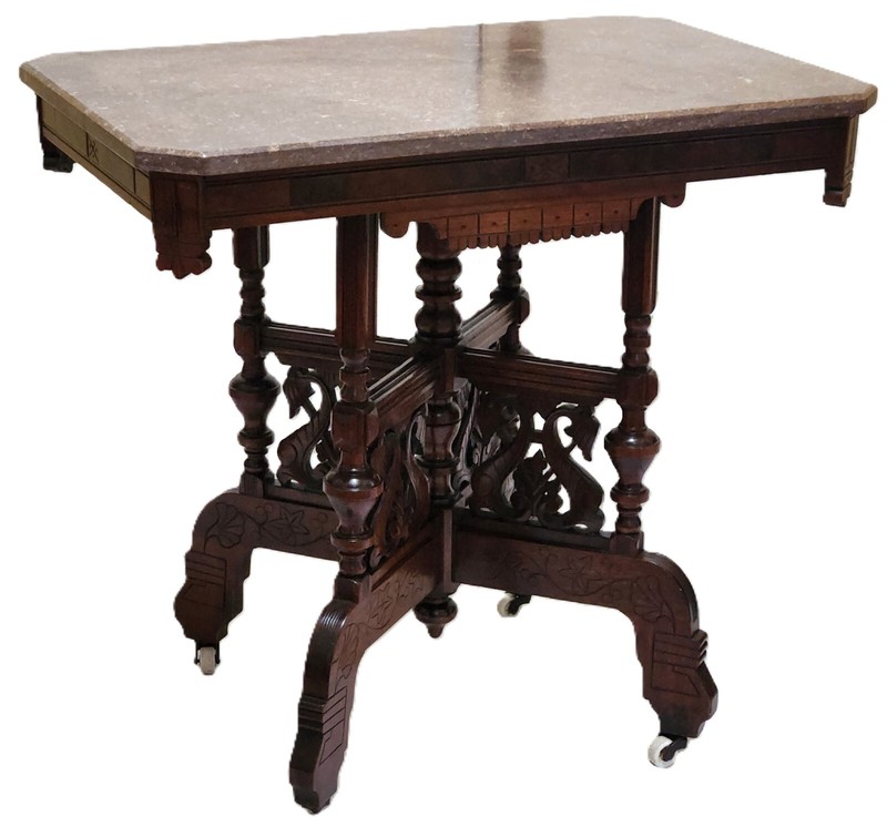 Center Parlor TABLE, Eastlake Victorian, Burl Walnut, Lyre, TN Brown Marble,33″L