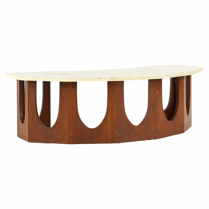 Harvey Probber Mid Century Walnut and Travertine Half Crescent Moon Coffee Table