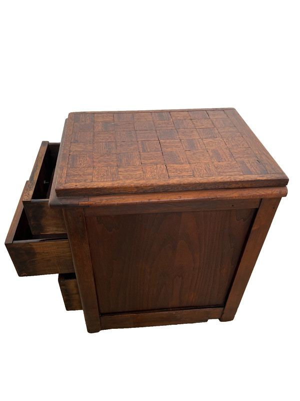 Antique Side Table, Nightstand, Three Drawers, Parquet Style Top, Walnut gallery