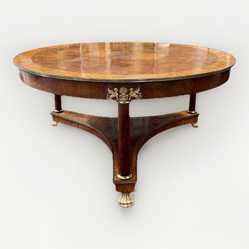 66″ LARGE ROUND EMPIRE STYLE FIGURED BURL WALNUT CENTER ENTRYWAY TABLE