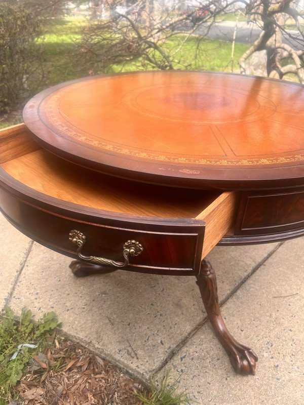 Antique English Chippendale Style Mahogany Leather Top Center Table & Mirror Top gallery