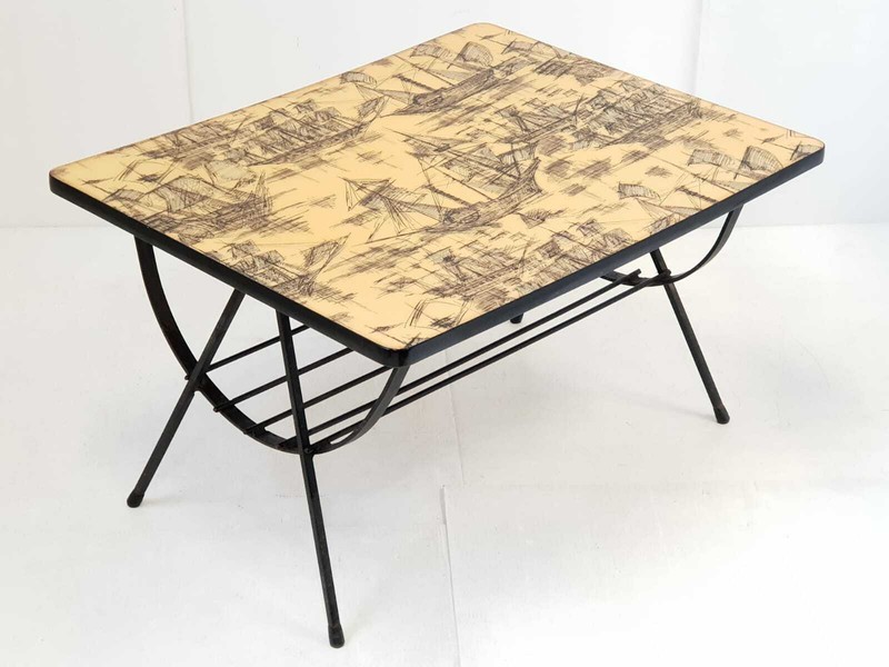 Vintage Coffee Table 1950 In Steel & Resin With Caravels Decor 50S 1950S