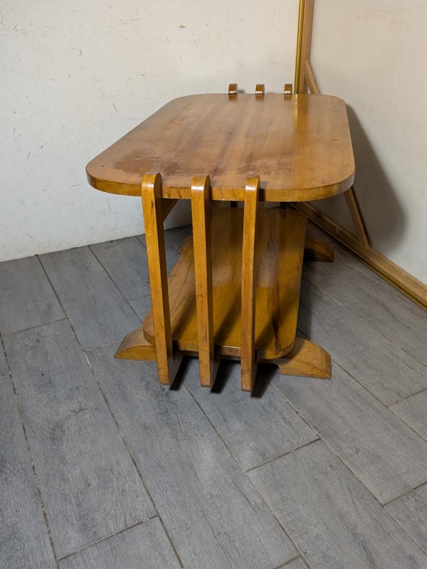 Antique 1930s Art Deco Streamline Moderne Waterfall Blonde Wood Coffee Table B33 gallery
