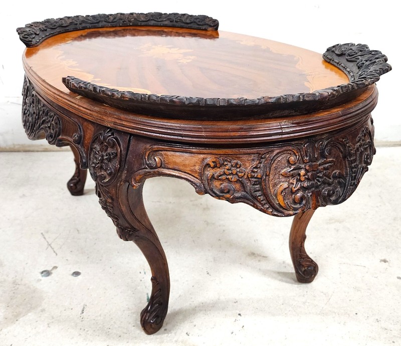 French Louis XV Coffee Table Walnut Marquetry gallery