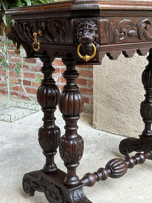 Antique French Carved Oak Library Table Petite Desk Renaissance Lion 19th c gallery