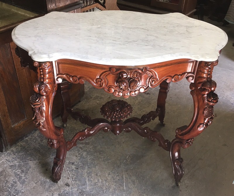 19th c. MAHOGANY CARVED MARBLE TOP TABLE